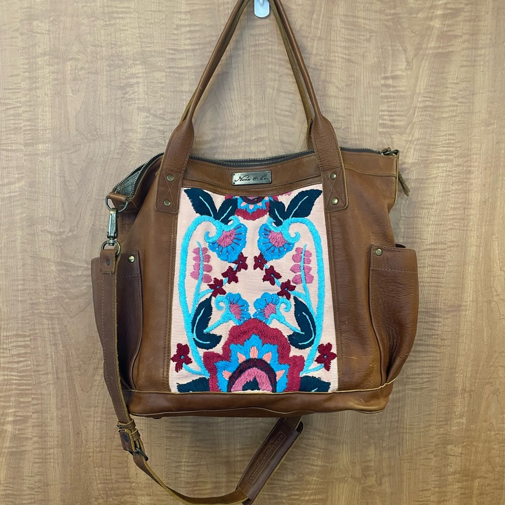 Embroidered Brown Leather Tote with Multicolor Floral Panel